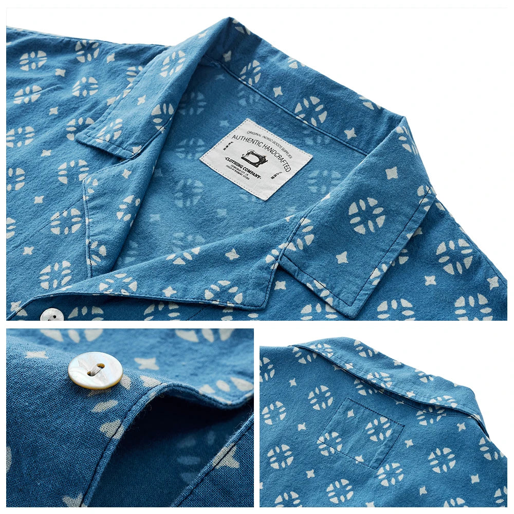 Vintage Indigo Print Shirt Men Summer New Blue Dyed Cuban Lapel Short Sleeve Single Breasted Shirt Cotton Casual Cardigan Tops