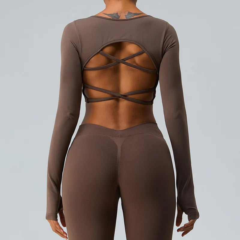 Sexy Women's Backless Shirt Seamless Crop Top Fitness Shirts Long Sleeve Gym Workout Sports Top Woman Front Yoga Tops Activewear