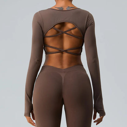 Sexy Women's Backless Shirt Seamless Crop Top Fitness Shirts Long Sleeve Gym Workout Sports Top Woman Front Yoga Tops Activewear