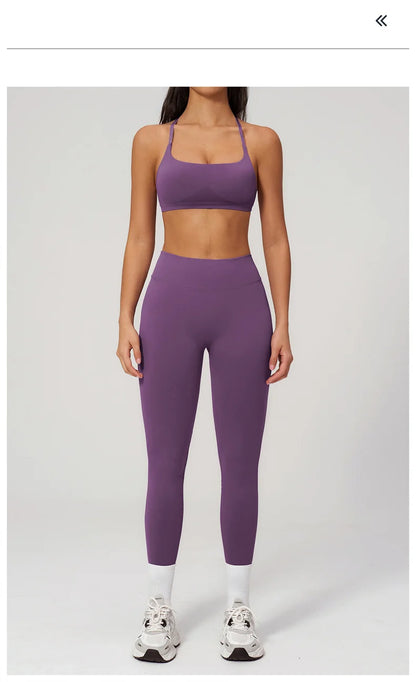 TRY TO BN Women Tracksuit 2 Piece Yoga Set Cross Bra High Waist V Waist Leggings Tummy Control Butt Lifting Workout Running Gym