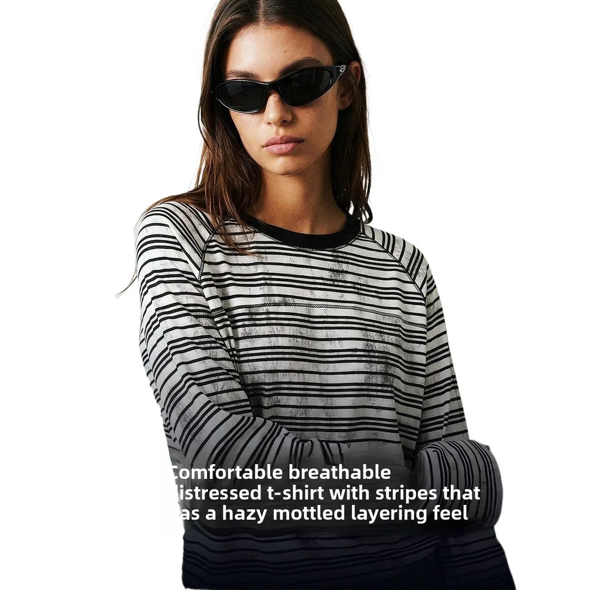 Custom LOGO Men's Cotton Polyester 210G Retro Dirty Dyeing Room Strips Shoulder Rugged Couple Long Sleeve Knitted T-Shirt Top