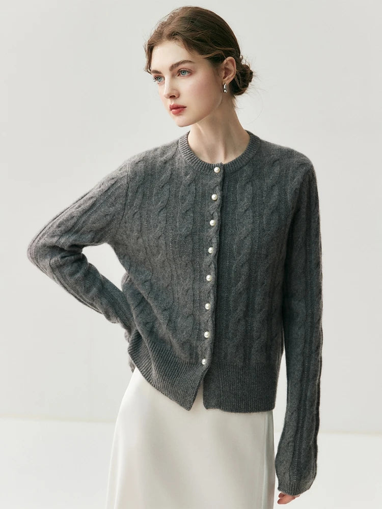 CHICUU Women's O-neck Cashmere Cardigan 100% Cashmere Sweater Cable Knit Preppy Style Cardigan Coat Autumn Winter Clothes Tops
