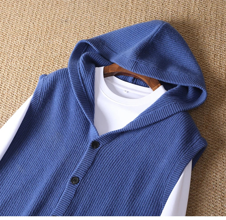2025 Autumn/Winter Men's Vest 100% Merino Wool Knit Hooded Cardigan Casual Loose Sleeveless Solid Color Men's Cashmere Sweater
