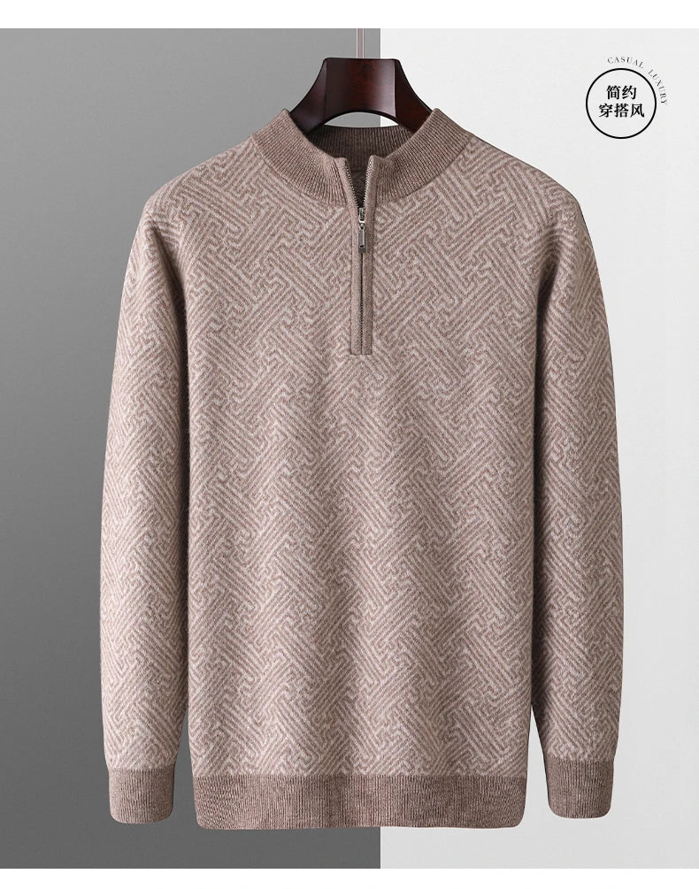 Men's 100% Merino Wool Jacquard Sweater Mock Collar Half Zip Thick Pullover Autumn Winter Cashmere Knitwear Long Sleeved Top