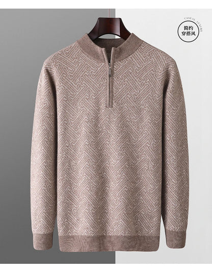 Men's 100% Merino Wool Jacquard Sweater Mock Collar Half Zip Thick Pullover Autumn Winter Cashmere Knitwear Long Sleeved Top