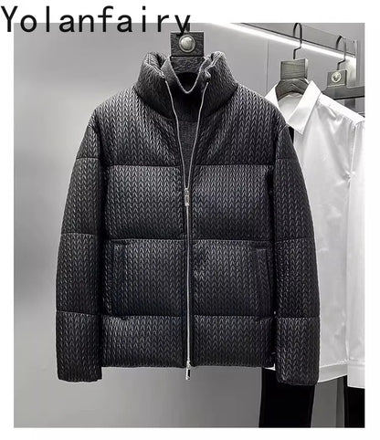 YOLANFAIRY Luxury Top Layer Sheepskin Leather Jackets for Man 2025 Winter Fashion White Goose Down Coat Warm Black Puffer Jacket