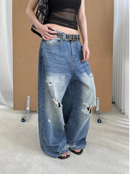 DEAT Fashion Washed Ripped Hole Vintage Straight Jeans Women's High Waist Long Wide Leg Blue Denim Pants Summer New