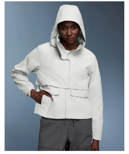 Custom LOGO women's autumn light and breathable waterproof trench coat stand-up collar hooded casual short pocket sports jacket
