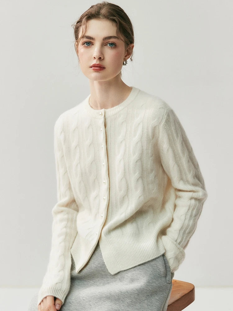 CHICUU Women's O-neck Cashmere Cardigan 100% Cashmere Sweater Cable Knit Preppy Style Cardigan Coat Autumn Winter Clothes Tops