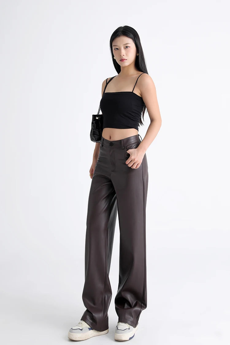 BIVIGAOS Fall Winter Fleece Loose Wide Leg Warm Leather Pants Women Button Pocket High Waist Thick PU Casual Straight Pants