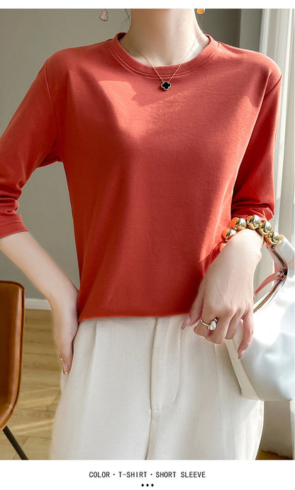 Spring And Summer New White Mercerized Cotton Short Sleeve T-Shirt Feminine Joker Cotton Cropped Sleeve Bottoming Shirt