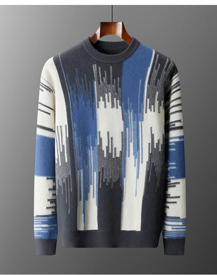 Men's 100% Merino Wool Color-Blocked O-Neck Sweater Long Sleeves Fashion Pullover Cashmere Loose Soft Warm Leisure Clothing Top