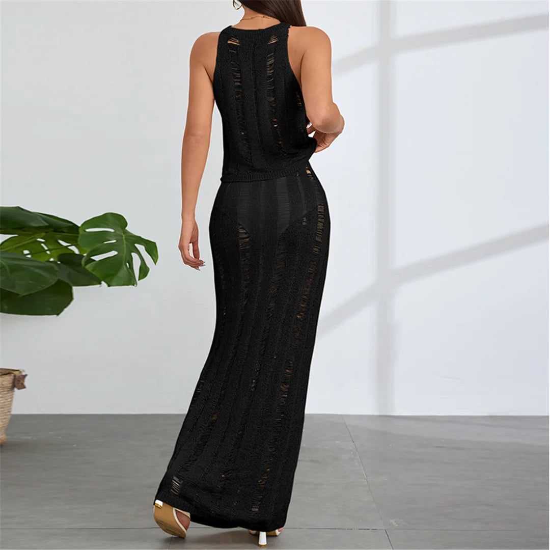 New Sleeveless Crochet Knitted 2 Pieces Suits Tunic Beach Cover Up Cover-ups Beach Dress Beach Wear Beachwear Female Women V6717