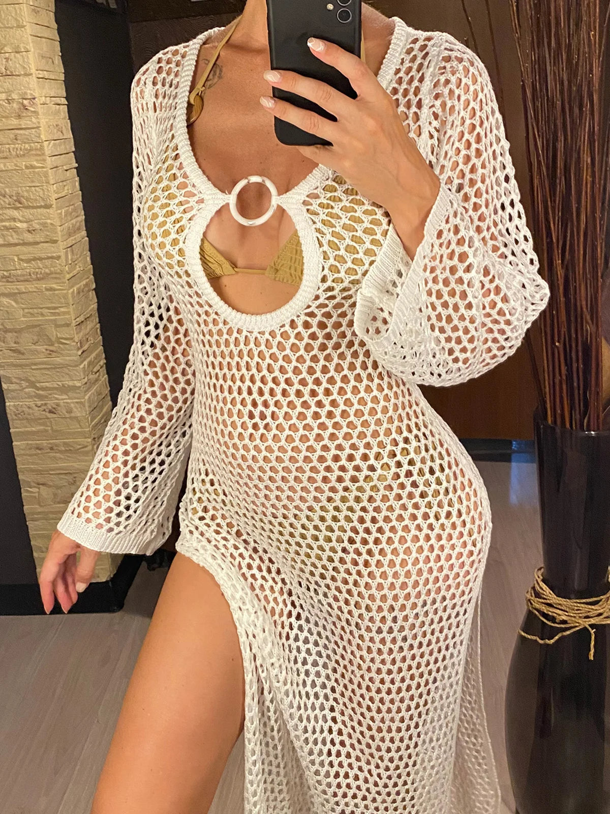 Sexy Hollow Out Long Sleeve Crochet Knitted Tunic Beach Dress Beach Wear Beachwear Beach Cover Up Cover-upsFemale Women V5567