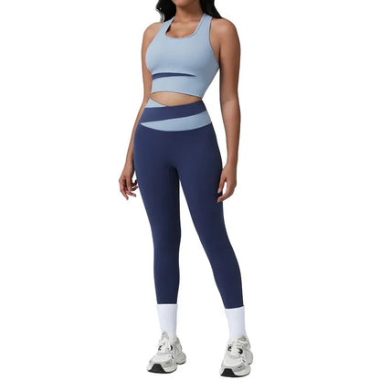 New Women's Color-Block Yoga Outfit Set Back Beauty Fitness Tank Top Long Sleeve Coat Hip-Lifting Leggings Running Fitness Set