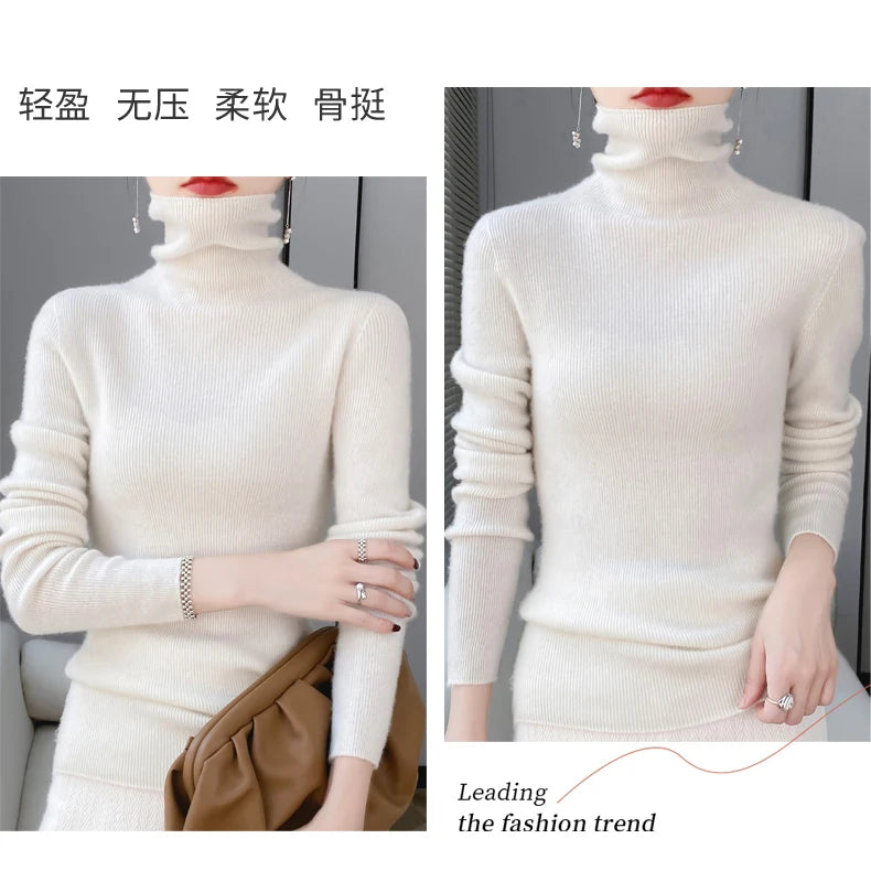 100% Merino Wool Long-sleeved Turtleneck Pullover Women's Autumn Winter Slim Sweater Basic Women's Clothes Cashmere Sweater