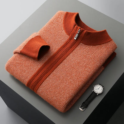 Autumn Winter 100% Merino Wool Knitted Zipper Cardigan Men's Half High Collar Herringbone Pattern Thick Coat Casual Warm Jacket