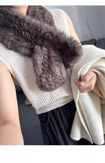 Korean-quality sable color scarf Real rabbit fur scarves women's autumn and winter versatile woven sable hair scarf, fur collar