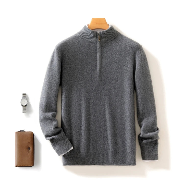 High-end 100% Cashmere Pullover for Men Mock Collar Thick Sweater Autumn Winter Knitted Jumper Warm Clothing Smart Casual Top