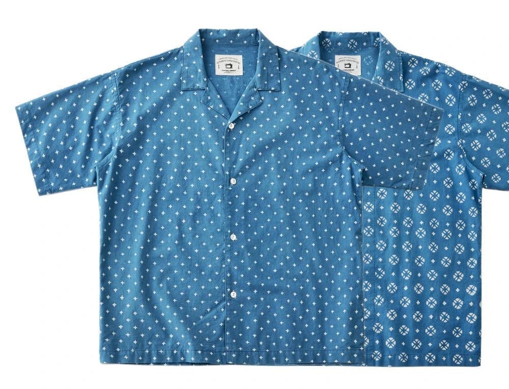 Vintage Indigo Print Shirt Men Summer New Blue Dyed Cuban Lapel Short Sleeve Single Breasted Shirt Cotton Casual Cardigan Tops