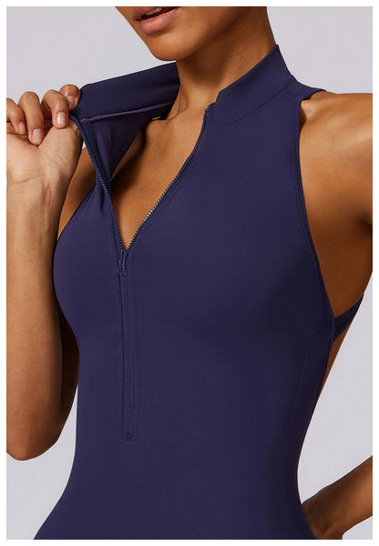 Summer V Back One-piece Suit Women Sports Jumpsuit Zippers Yoga Rompers Backless Sportswear Women Sleeveles Workout Bodysuits