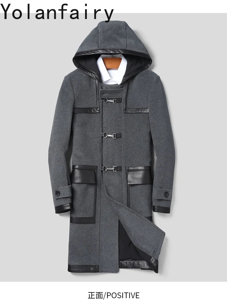YOLANFAIRY Luxury Woolen Jackets for Man Autumn Winter Mid-length Pure Wool Patchwork Sheepskin Trench Coat Hooded Mens Jacket