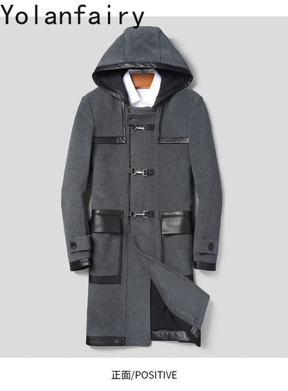 YOLANFAIRY Luxury Woolen Jackets for Man Autumn Winter Mid-length Pure Wool Patchwork Sheepskin Trench Coat Hooded Mens Jacket