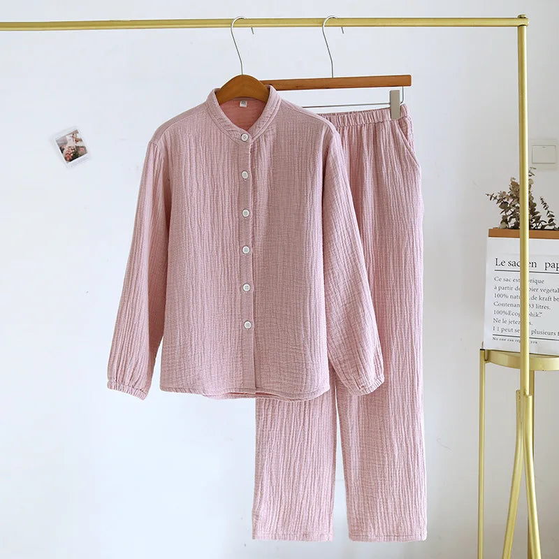 2026 Spring and Autumn New Couple Pajama Set 100% Pure Cotton Crepe Cloth Men's and Women's Stand up Neck Simple Home Clothing
