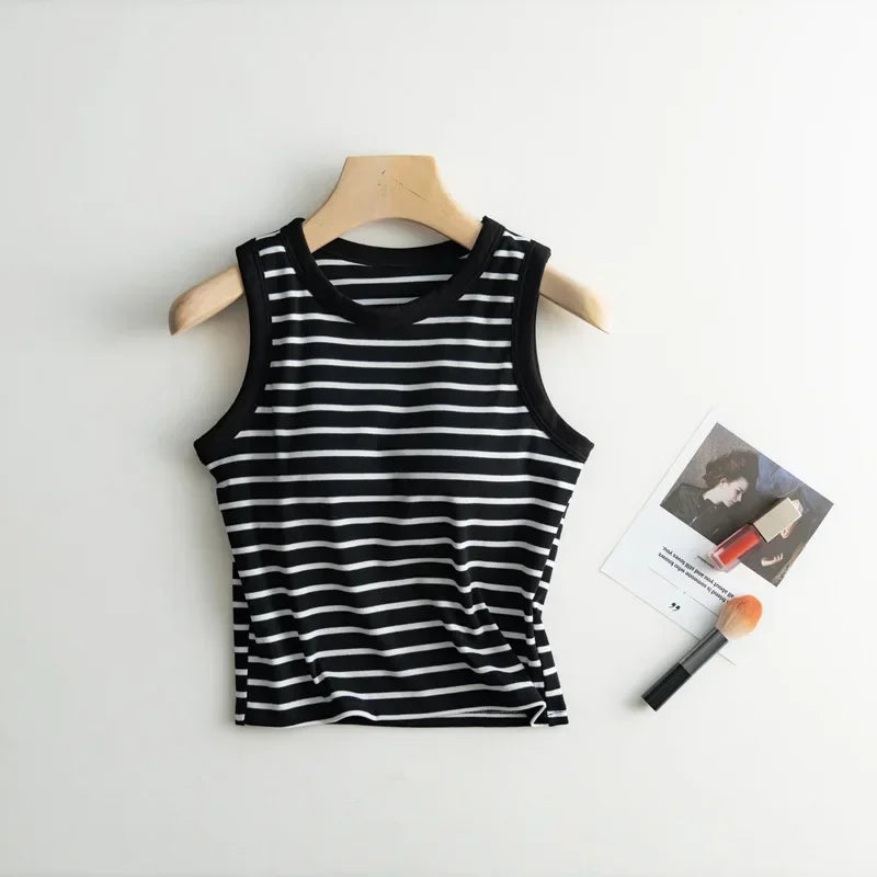 2026 Summer New Women's Tank Top Pajamas All Cotton with Chest Pads Tank Top with Stripe Sports Bottom Short Home Fur Ladies