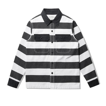 Amekaji Heavyweight Zebra Striped Jacket - Thick Canvas Motorcycle Biker Jacket Retro Workwear Coat