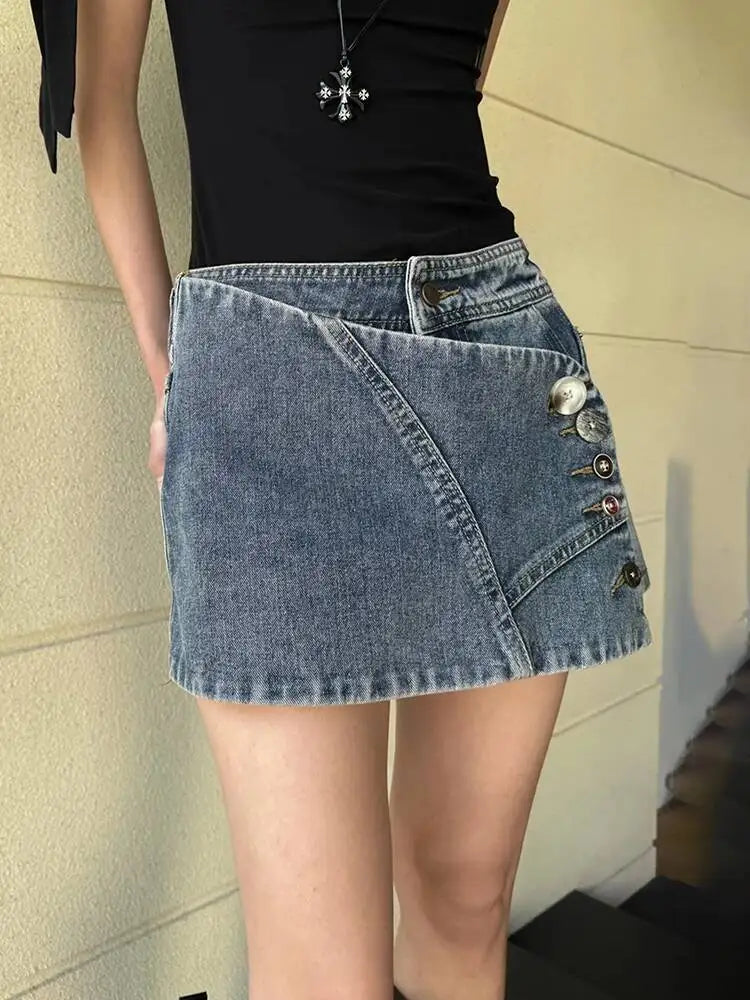 DEAT Fashion High Waist Button Detailed Washed Denim Mini Skirt Women's Wrap Design Streetwear Summer Bottoms New 7A4204