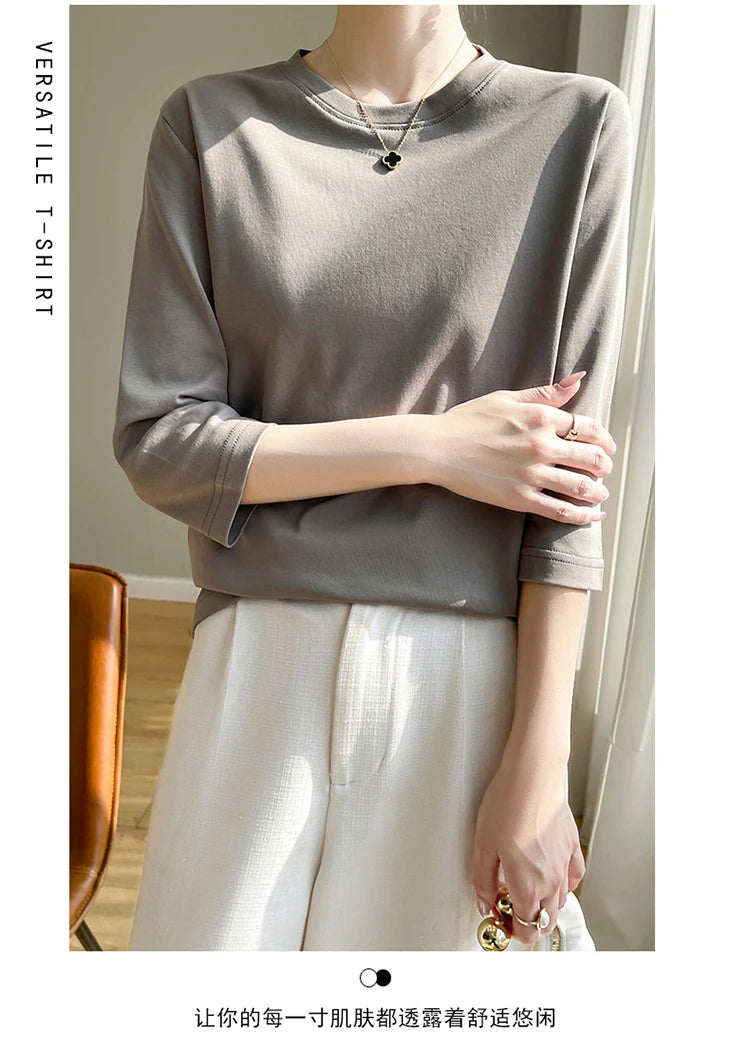 Spring And Summer New White Mercerized Cotton Short Sleeve T-Shirt Feminine Joker Cotton Cropped Sleeve Bottoming Shirt