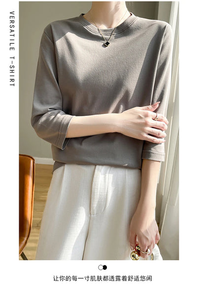 Spring And Summer New White Mercerized Cotton Short Sleeve T-Shirt Feminine Joker Cotton Cropped Sleeve Bottoming Shirt