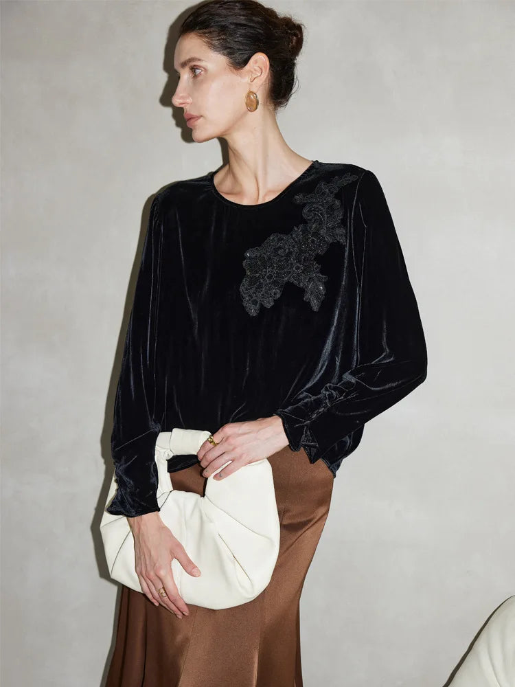 SuyaDream Women Black Blouses, 100%Silk Velour, Round Collar, Elegant Embriodery Velvet Shirts, 2026 Spring Summer Casual Top