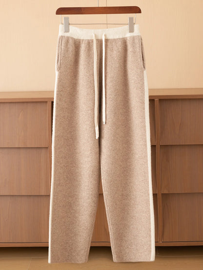 Autumn Winter Thick 100% Merino Wool Contrasting Splicing Casual Sports Pants Men Versatile Knitted Sweatpants Straight Leg Pant
