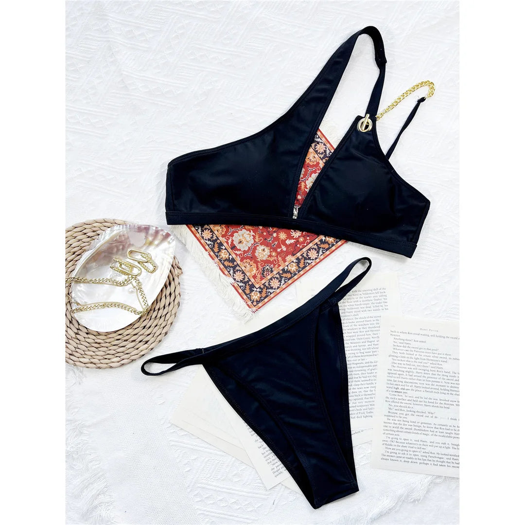 Women Swimwear Asymmetric Metal Chains One Shoulder Bikini Female Swimsuit Two-pieces Bikini set Bather Bathing Suit Swim V3459