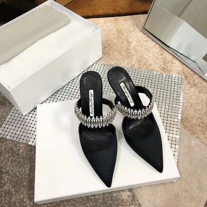 Women's 2022 Pump Summer New Rhinestone Chain Slippers High Heels Stiletto Pointed Shallow Mouth Silk Sandals Outer Wear