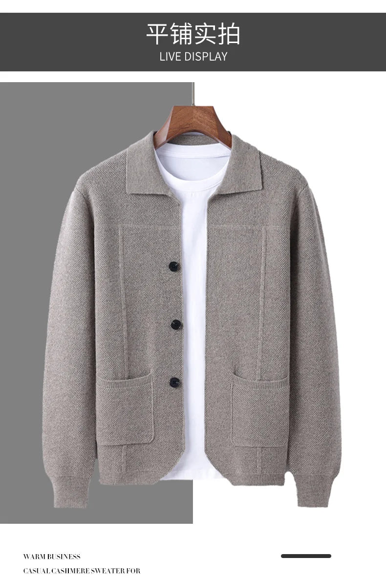 100% Merino Wool Men's Lapel Collar Knit Cardigan Autumn Winter Thicken Solid Color POLO Neck Suit Shirt Cashmere Jacket Sweater