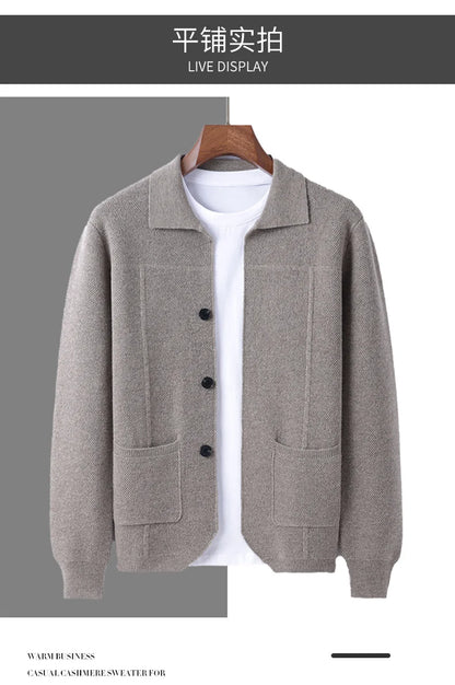 100% Merino Wool Men's Lapel Collar Knit Cardigan Autumn Winter Thicken Solid Color POLO Neck Suit Shirt Cashmere Jacket Sweater
