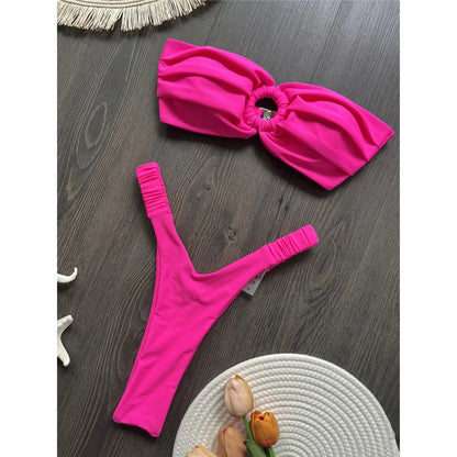 Wrinkled Bandeau High Cut Mini Thong Bikini Female Swimsuit Women Swimwear Two-pieces Bikini set Bather Bathing Suit Swim V6085