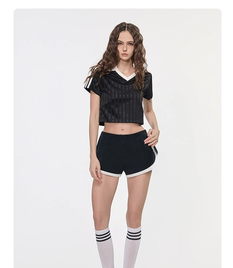 Customized LOGO Women's Spice Girls V-Neck Football Sports T-Shirt Patch Striped Casual Retro Short Sleeve Top