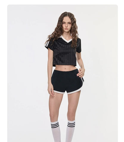 Customized LOGO Women's Spice Girls V-Neck Football Sports T-Shirt Patch Striped Casual Retro Short Sleeve Top