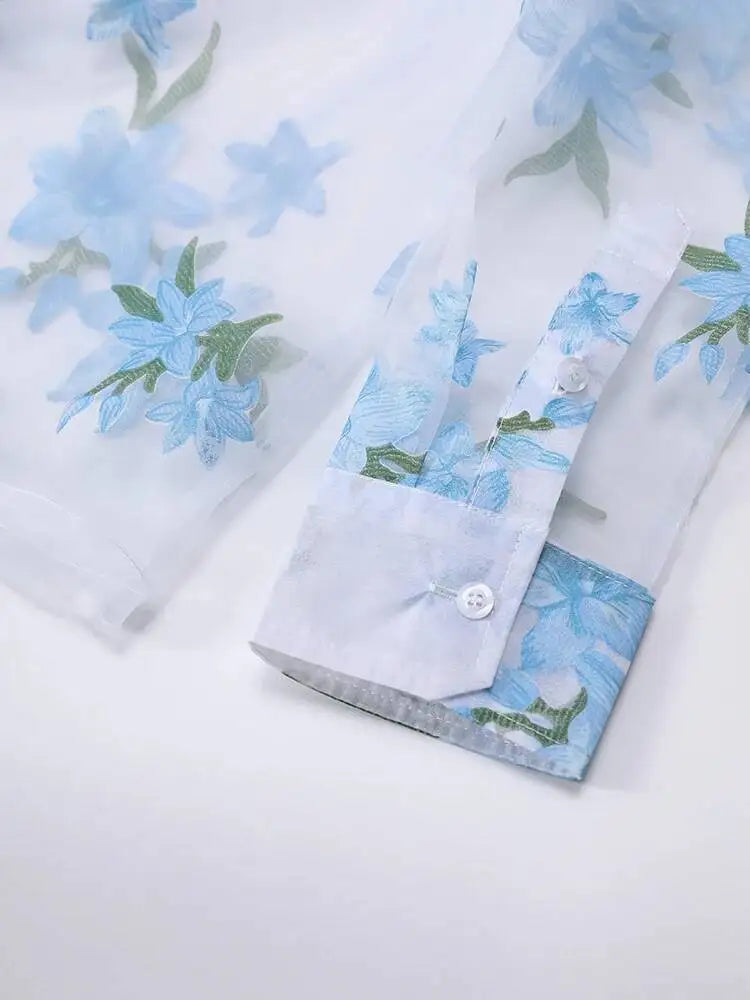 DEAT Fashion Floral Print Sheer Organza Shirt Women's Lapel Loose Light Blue Blouse Summer New