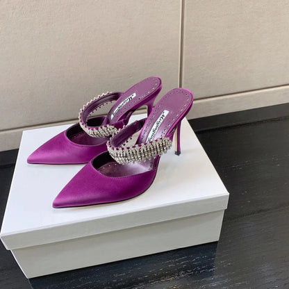 Women's 2022 Pump Summer New Rhinestone Chain Slippers High Heels Stiletto Pointed Shallow Mouth Silk Sandals Outer Wear