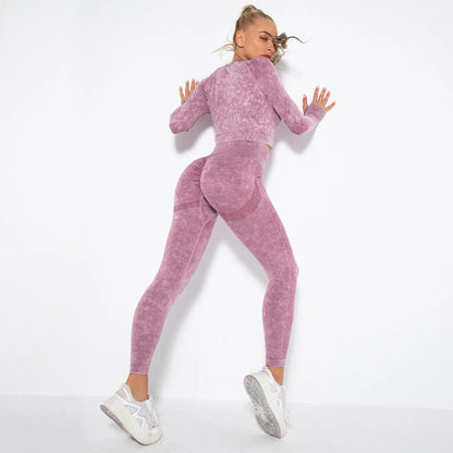 Women Seamless Tracksuit Yoga Set 2PCS Workout Clothes Athletic Wear Gym Legging Fitness Bra Crop Top Long Sleeve Sports Suits