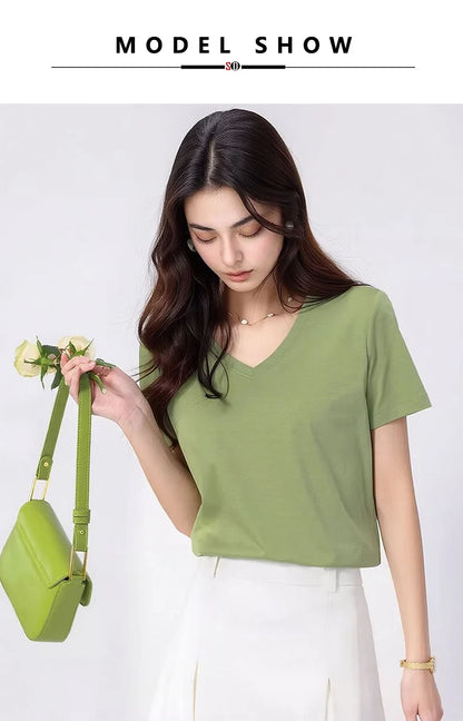 SuyaDream Women Solid T shirts, Silk Cotton Blend, O Neck, Short Sleeved Solid Tee,2025 Summer Candy Colors Basic Cozy Top Green