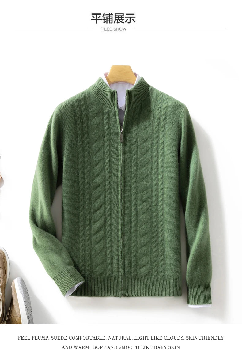 High Quality Men Mock Collar Twisted Cardigan Autumn Winter Thick Zipper 100% Merino Wool Sweater Casual Coat Cashmere Knitwear