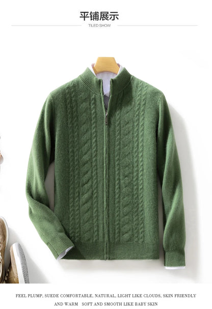 High Quality Men Mock Collar Twisted Cardigan Autumn Winter Thick Zipper 100% Merino Wool Sweater Casual Coat Cashmere Knitwear