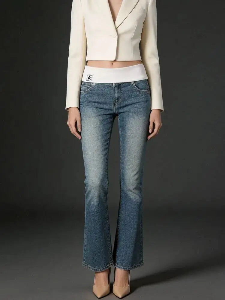 DEAT Fashion Fold Over Waist Flare Jeans Women's Low Waist Slim Light Blue Denim Pants Summer New