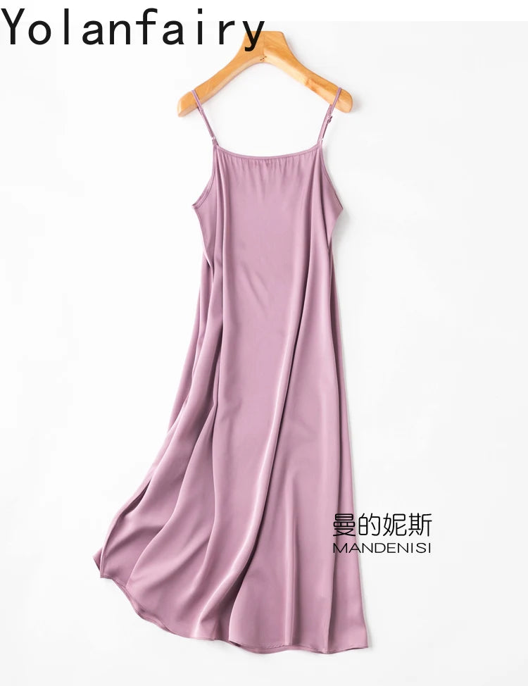YOLANFAIRY 19momme 93% Mulberry Silk Spaghetti Strap Dress for Women Elegant Mid-length Sexy Real Silk Summer Dresses Woman 원피스